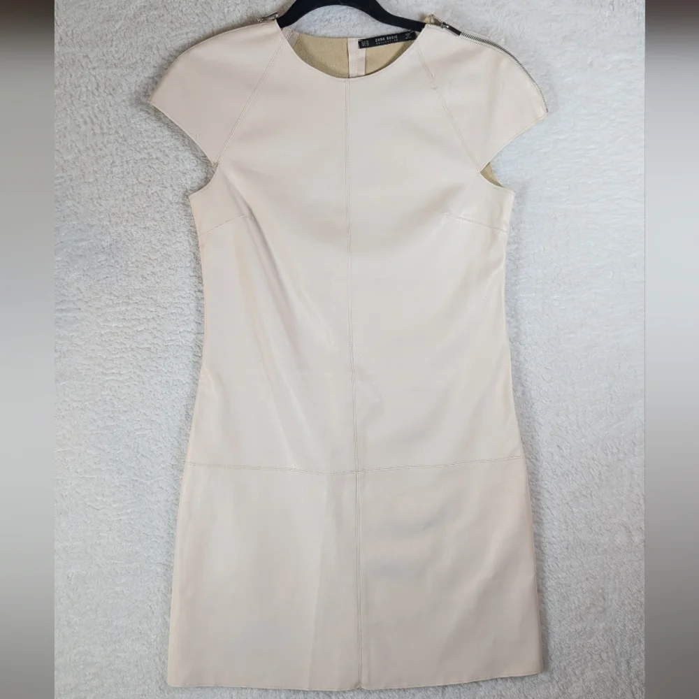 zara cream faux leather dress ZARA CREAM FAUX LEATHER MIDI DRESS